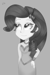 Size: 2000x3000 | Tagged: safe, artist:pearlymarshmallow, derpibooru import, rarity, better together, equestria girls, rarity investigates: the case of the bedazzled boot, black and white, clothes, detective rarity, dress, female, gray background, grayscale, looking away, monochrome, simple background, smiling, solo