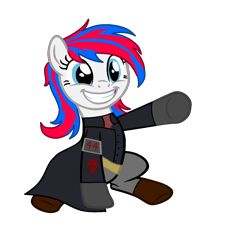 Size: 1349x1434 | Tagged: safe, artist:ngthanhphong, derpibooru import, oc, oc:snowi, pony, fallout equestria, fallout equestria: project horizons, blue eyes, blue hair, boots, clothes, eyelashes, fallout, fanfic art, female, mare, pants, red and blue, red hair, shoes, smiley face, uniform, white pony