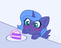 Size: 2244x1764 | Tagged: safe, alternate version, artist:cloudberry_mess, derpibooru import, princess luna, alicorn, pony, blushing, cake, cute, female, filly, food, lunabetes, solo, spread wings, table, woona, younger