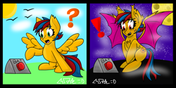 Size: 8267x4133 | Tagged: safe, artist:max rider, derpibooru import, oc, oc:firestorm metallic, bat pony, pegasus, bat pony oc, button, curious, day, female, females only, fur, mare, moon, night, pegasus oc, solo, surprised, transformation