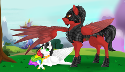 Size: 4950x2858 | Tagged: safe, artist:schokocream, derpibooru import, oc, oc only, oc:lightning bliss, oc:toonkriticy2k, alicorn, pony, alicorn oc, armor, duo, female, horn, lying down, male, mare, one wing out, outdoors, prone, stallion, wings