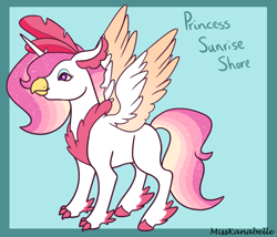 Size: 1750x1500 | Tagged: safe, artist:misskanabelle, derpibooru import, oc, oc only, oc:sunrise shore, classical hippogriff, hippogriff, abstract background, chest fluff, female, hippogriff oc, interspecies offspring, offspring, parent:oc:queen rhea, parent:prince blueblood, parents:canon x oc, signature, solo