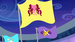 Size: 1280x727 | Tagged: safe, derpibooru import, screencap, equestria games (episode), background, cloud, cloudsdale flag, crystal empire, flags of equestrian regions, no pony, ponyville flag, scenic ponyville, stadium, twilight (astronomy)