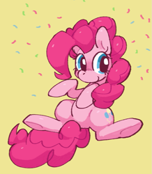 Size: 747x857 | Tagged: safe, artist:dreamland7777, derpibooru import, pinkie pie, earth pony, pony, confetti, eyes open, female, mare, simple background, solo, yellow background
