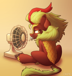 Size: 1800x1900 | Tagged: safe, artist:ohemo, derpibooru import, cinder glow, summer flare, kirin, eating, fan, female, food, looking back, mouth hold, popsicle, sitting