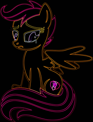 Size: 680x890 | Tagged: safe, artist:taeko, derpibooru import, scootaloo, pegasus, pony, fanfic:rainbow factory, :c, absentia, black, black background, crying, eyelashes, fanfic art, female, female focus, folded wings, frown, glowing body, glowing outlines, implied scootabuse, light, looking at wings, mare, my little pony, neon, neon artstyle, neon outlines, no shading, older, older scootaloo, orange, pegasus device, pink, purple, purple eyes, sad, scootaloo can't fly, scootaloo's cutie mark, simple background, sitting, solo, solo focus, white, wings