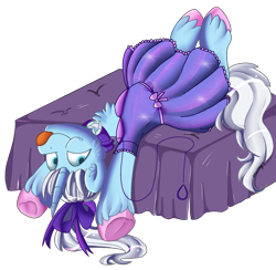 Size: 1824x1783 | Tagged: safe, artist:beashay, derpibooru import, oc, oc:crystal tundra, pony, unicorn, :p, clothes, collar, colored hooves, crossdressing, dress, femboy, fluffy, leash, lying down, male, on back, ribbon, solo, tongue, tongue out