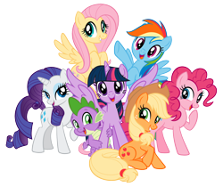 Size: 2048x1724 | Tagged: safe, derpibooru import, applejack, fluttershy, pinkie pie, rainbow dash, rarity, spike, twilight sparkle, twilight sparkle (alicorn), alicorn, mane six, simple background, stock vector, transparent background