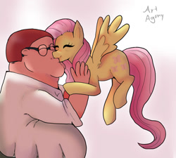 Size: 1280x1150 | Tagged: safe, artist:dailyagony, derpibooru import, fluttershy, human, crossover, crossover shipping, downvote bait, family guy, female, flying, god is dead, kissing, male, peter griffin, shipping, smiling, spread wings, straight, wat, wings