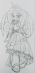 Size: 781x1602 | Tagged: safe, artist:shadowhawx, derpibooru import, princess cadance, human, equestria girls, clothes, dress, humanized, lidded eyes, looking at you, pencil drawing, smiling, solo, spread wings, traditional art, winged humanization, wings