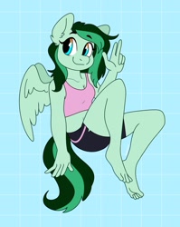 Size: 1627x2048 | Tagged: safe, artist:retromochi, derpibooru import, oc, oc:eden shallowleaf, anthro, pegasus, plantigrade anthro, barefoot, belly button, clothes, feet, peace sign, shorts, smiling, sports bra, sports outfit, sports shorts, toes