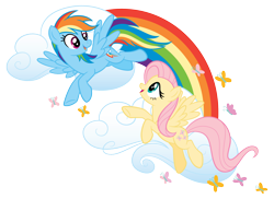 Size: 2048x1489 | Tagged: safe, derpibooru import, fluttershy, rainbow dash, butterfly, cloud, rainbow, simple background, stock vector, transparent background