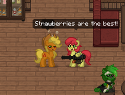 Size: 410x312 | Tagged: safe, derpibooru import, applejack, strawberry sunrise, earth pony, pegasus, pony, ashes town, drunk, drunk aj, female, game screencap, gun, minigun, strawberry savage, weapon