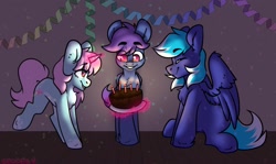 Size: 2000x1188 | Tagged: safe, artist:spoopygander, derpibooru import, oc, oc:noxy, oc:scoops, oc:windy dripper, pegasus, pony, unicorn, birthday, cake, cute, female, food, magic, male