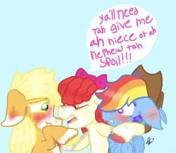 Size: 640x556 | Tagged: safe, artist:pastelmermaidgirl, derpibooru import, apple bloom, applejack, rainbow dash, earth pony, pegasus, appledash, blushing, female, filly, lesbian, mare, shipping, text