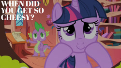 Size: 1280x720 | Tagged: safe, derpibooru import, edit, edited screencap, editor:quoterific, screencap, spike, twilight sparkle, unicorn twilight, dragon, pony, unicorn, season 1, the cutie mark chronicles, cute, female, golden oaks library, male, mare, open mouth, smiling, twiabetes