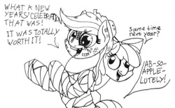 Size: 640x396 | Tagged: safe, artist:ewoudcponies, derpibooru import, apple bloom, applejack, earth pony, pony, bandage, female, filly, mare, monochrome, text