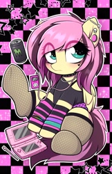 Size: 2500x3863 | Tagged: safe, artist:moozua, derpibooru import, fluttershy, pegasus, pony, alternate hairstyle, arm warmers, blushing, choker, clothes, cute, female, makeup, mare, monster energy, music player, nintendo ds, scene, scene kid, shyabetes, socks, solo, wristband