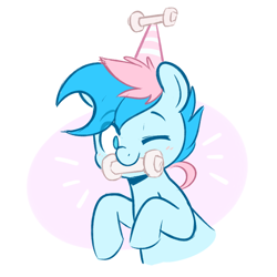 Size: 822x823 | Tagged: safe, artist:higglytownhero, derpibooru import, oc, oc only, oc:blue chewings, earth pony, pony, blushing, chew toy, hat, looking at you, mouth hold, one eye closed, party hat, solo, wink