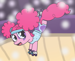 Size: 1280x1033 | Tagged: safe, artist:harmonybunny2021, derpibooru import, pinkie pie, earth pony, pony, scare master, clothes, costume, disco, female, lights, mare, nightmare night costume, pinkie puffs, roller disco, roller rink, roller skates, rollerblades, solo