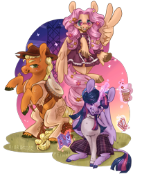 Size: 1676x2048 | Tagged: safe, artist:alabasterpeony, derpibooru import, applejack, fluttershy, twilight sparkle, twilight sparkle (alicorn), alicorn, classical unicorn, earth pony, pegasus, pony, unicorn, banjo, clothes, cloven hooves, coffee, coffee cup, cup, dress, female, flower, flower in hair, glasses, leonine tail, mare, musical instrument, peace sign, rearing, simple background, skirt, straw in mouth, sweater, ticket, transparent background, trio, unshorn fetlocks, vest, wing hands, wings