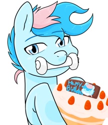 Size: 640x740 | Tagged: safe, artist:batipin, derpibooru import, oc, oc only, oc:blue chewings, pony, cake, chew toy, food, happy birthday, mouth hold, simple background, strawberry, white background