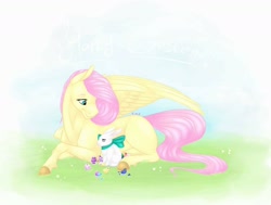 Size: 1440x1086 | Tagged: safe, artist:eperyton, derpibooru import, angel bunny, fluttershy, pegasus, pony, rabbit, animal, bow, duo, easter, easter egg, female, holiday, looking back, male, mare, missing cutie mark, wings