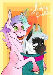 Size: 841x1200 | Tagged: safe, artist:eperyton, derpibooru import, oc, oc only, earth pony, pony, unicorn, abstract background, bunny out of the hat, bust, cloven hooves, duo, earth pony oc, glowing horn, happy easter, horn, magic, magic trick, male, smiling, stallion, telekinesis, unamused, unicorn oc, unshorn fetlocks
