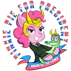 Size: 3156x3168 | Tagged: safe, artist:uzepka, derpibooru import, gummy, pinkie pie, crocodile, earth pony, pony, aerokinetic, alligator loki, clothes, costume, cravat, crossover, cryokinetic, deceiver, double-breasted frockcoat, electrokinetic, frock coat, geokinetic, helmet, high res, hydrokinetic, knife-fighter, loki, longevity, looking at you, marksman, martial artist, marvel, mendacious, military tactician, okie doki loki, pilot, political manipulator, president, president loki, psychological manipulator, pyrokinetic, pyrotechnikinetic, regenerative healing factor, shirt, single-breasted waistcoat, smiley face, smiling, solo, sorcerer, spearfighter, super agility, super durability, super reflexes, super speed, super stamina, super strength, swordfighter, telekinetic, telepath, teleporter, trickster, variant, waistcoat