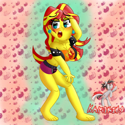 Size: 3000x3000 | Tagged: source needed, safe, artist:kamikiku, derpibooru import, sunset shimmer, better together, equestria girls, barefoot, breasts, feet, open mouth, sunset jiggler