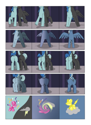 Size: 2904x4000 | Tagged: safe, artist:palibrik, derpibooru import, party favor, thunderlane, oc, oc:shocker streak, pegasus, pony, unicorn, comic:securing a sentinel, broken, butt, carousel boutique, comic, commissioner:bigonionbean, cutie mark, drunk, flank, forced, fused legs, fusion, fusion:shocker streak, high res, horn, magic, male, merge, merging, offscreen character, plot, ponyville, potion, sequence, shattered, shocked, shocked expression, stallion, surprised, wings