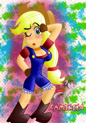 Size: 2100x3000 | Tagged: safe, artist:kamikiku, derpibooru import, applejack, equestria girls, :o, applerack, breasts, one eye closed, open mouth