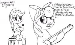 Size: 1280x769 | Tagged: safe, artist:ewoudcponies, derpibooru import, apple bloom, applejack, earth pony, pony, female, filly, gun, injured, inktober, mare, monochrome, shotgun, text, weapon