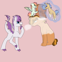 Size: 1000x1000 | Tagged: safe, artist:fluffy-fillies, derpibooru import, oc, oc only, oc:caramel wafer, oc:dust, oc:firefly, oc:flare, dracony, earth pony, hybrid, pegasus, pony, unicorn, colt, female, filly, flour, interspecies offspring, levitation, magic, male, offspring, parent:big macintosh, parent:cheese sandwich, parent:fluttershy, parent:pinkie pie, parent:rarity, parent:spike, parent:starlight glimmer, parent:sunburst, parents:cheesepie, parents:fluttermac, parents:sparity, parents:starburst, pink background, prank, self-levitation, simple background, telekinesis, unamused