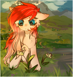 Size: 944x997 | Tagged: safe, artist:kefirro7, derpibooru import, oc, oc:making amends, earth pony, commission, cute, flower, mountain, mountain range, ych result