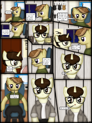 Size: 1750x2333 | Tagged: safe, artist:99999999000, derpibooru import, oc, oc only, oc:cwe, oc:zhang cathy, earth pony, pony, comic:visit, chair, clothes, comic, computer, female, glasses, male