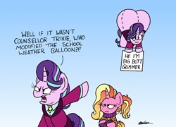 Size: 2812x2025 | Tagged: safe, artist:bobthedalek, derpibooru import, luster dawn, starlight glimmer, pony, unicorn, angry, balloon, bart's comet, butt, clothes, daughters gonna daughter, female, funny, funny as hell, glimmer glutes, headmare starlight, implied trixie, luster dawn is starlight's and sunburst's daughter, mare, mother and child, mother and daughter, older, older starlight glimmer, parent and child, prank, sign, simpsons did it, smug, starlight is not amused, sweater, the simpsons, unamused, weather balloon