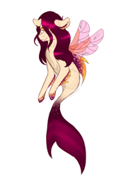 Size: 768x1024 | Tagged: safe, artist:delfinaluther, derpibooru import, oc, oc only, pony, seapony (g4), unicorn, clothes, dorsal fin, fin wings, fins, fish tail, flowing tail, looking up, orange eyes, red mane, seaponified, see-through, simple background, smiling, solo, species swap, tail, white background, wings