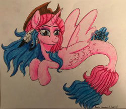 Size: 2630x2281 | Tagged: safe, artist:bozzerkazooers, derpibooru import, oc, oc only, alicorn, pony, seapony (g4), alicorn oc, blue eyes, dorsal fin, eyelashes, feather, female, fin wings, fish tail, flowing mane, hat, horn, multicolored hair, seaponified, simple background, smiling, solo, species swap, tail, white background, wings