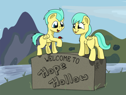 Size: 1600x1201 | Tagged: safe, artist:agent-diego, derpibooru import, barley barrel, pickle barrel, insect, ladybug, pegasus, pony, rainbow roadtrip, barrel twins, barrelbetes, brother and sister, colt, cute, female, filly, fraternal twins, hope hollow, male, mountain, river, siblings, sky, tongue, tongue out, twins