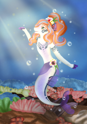 Size: 2059x2912 | Tagged: safe, artist:witchykittyarts, derpibooru import, oc, oc only, merpony, bubble, crepuscular rays, dorsal fin, female, fins, fish tail, flower, flower in hair, flowing tail, green eyes, looking up, ocean, open mouth, solo, sunlight, tail, underwater, water