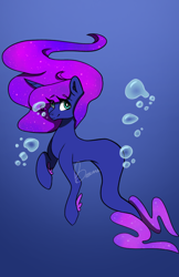 Size: 540x831 | Tagged: safe, artist:calla--lily, derpibooru import, oc, oc only, merpony, pony, seapony (g4), unicorn, bubble, crepuscular rays, deviantart watermark, female, fins, fish tail, flowing mane, looking at you, obtrusive watermark, ocean, purple mane, redraw, seaponified, signature, simple background, smiling, solo, species swap, tail, underwater, water, watermark