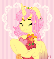 Size: 1828x2000 | Tagged: safe, alternate version, artist:vizirka, derpibooru import, big macintosh, fluttershy, oc, oc:princess fluttershy, alicorn, pony, alicorn oc, alicornified, alternate hairstyle, alternate universe, commission, doll, element of kindness, eyes closed, female, fluttercorn, fluttermac, gift giving, hearts and hooves day, horn, jewelry, love letter, male, mare, princess fluttershy, race swap, shipping, smiling, solo, straight, suggestive description, tiara, toy, watermark, wings, ych result