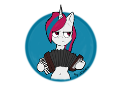 Size: 888x628 | Tagged: safe, artist:zibdan, derpibooru import, oc, oc:snowi, unicorn, accordion, blue hair, female, horn, mare, musical instrument, playing, plays the accordion, red and blue, red eyes, red hair, white pony