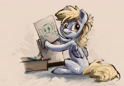 Size: 6279x4339 | Tagged: safe, artist:th3ipodm0n, derpibooru import, derpy hooves, frog, pegasus, pony, absurd resolution, crayon, cute, derpabetes, drawing, female, looking at you, mare, sitting, smiling, smiling at you, solo