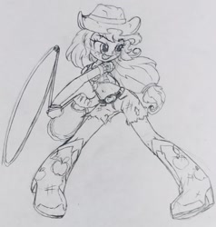 Size: 1092x1145 | Tagged: safe, artist:shadowhawx, derpibooru import, applejack, equestria girls, belly button, boots, clothes, daisy dukes, front knot midriff, grin, lasso, midriff, pencil drawing, rope, shoes, shorts, smiling, solo, traditional art
