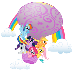 Size: 2048x2001 | Tagged: safe, derpibooru import, applejack, fluttershy, pinkie pie, rainbow dash, rarity, twilight sparkle, bird, cloud, hot air balloon, mane six, palindrome get, rainbow, simple background, stock vector, transparent background