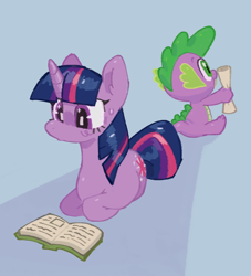 Size: 914x1008 | Tagged: safe, artist:dreamland7777, derpibooru import, spike, twilight sparkle, unicorn twilight, dragon, pony, unicorn, book, cute, duo, lying down, ponyloaf, prone, reading, scroll, spikabetes