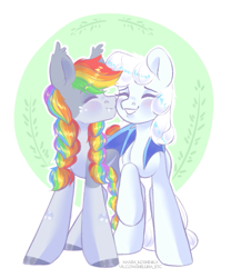 Size: 725x871 | Tagged: safe, artist:hellishprogrammer, derpibooru import, oc, oc only, bat pony, earth pony, pony, fangs, female, freckles, mare, multicolored hair, nuzzling, rainbow hair