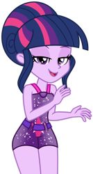 Size: 1024x1916 | Tagged: safe, artist:emeraldblast63, derpibooru import, twilight sparkle, equestria girls, alternate hairstyle, bare shoulders, bedroom eyes, clothes, open mouth, open smile, simple background, sleeveless, smiling, solo, swimsuit, transparent background, vector